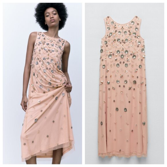 ZARA Limited Edition Tricot Dress With Floral Shaped Beads in Old Pink - Picture 2 of 4